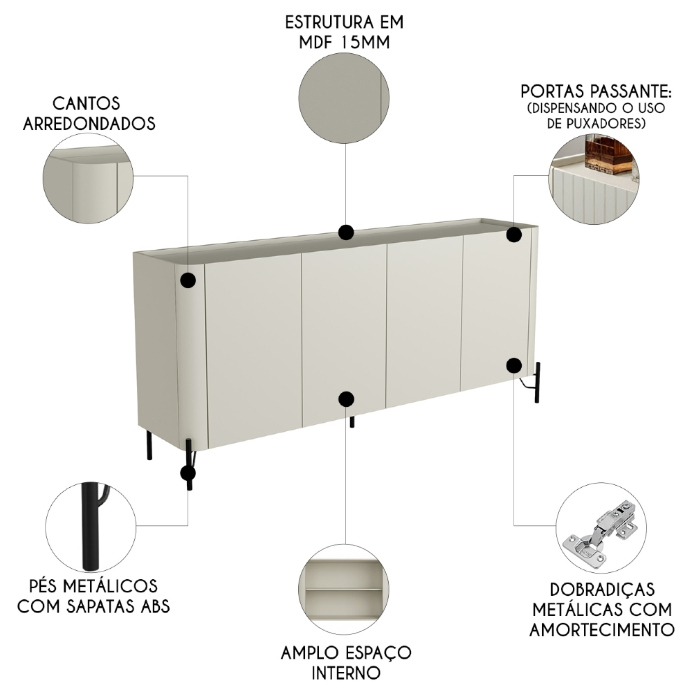 Buffet Aparador 180cm 4 Portas Lisas Blen Luna/Preto I06 - Mpozenato