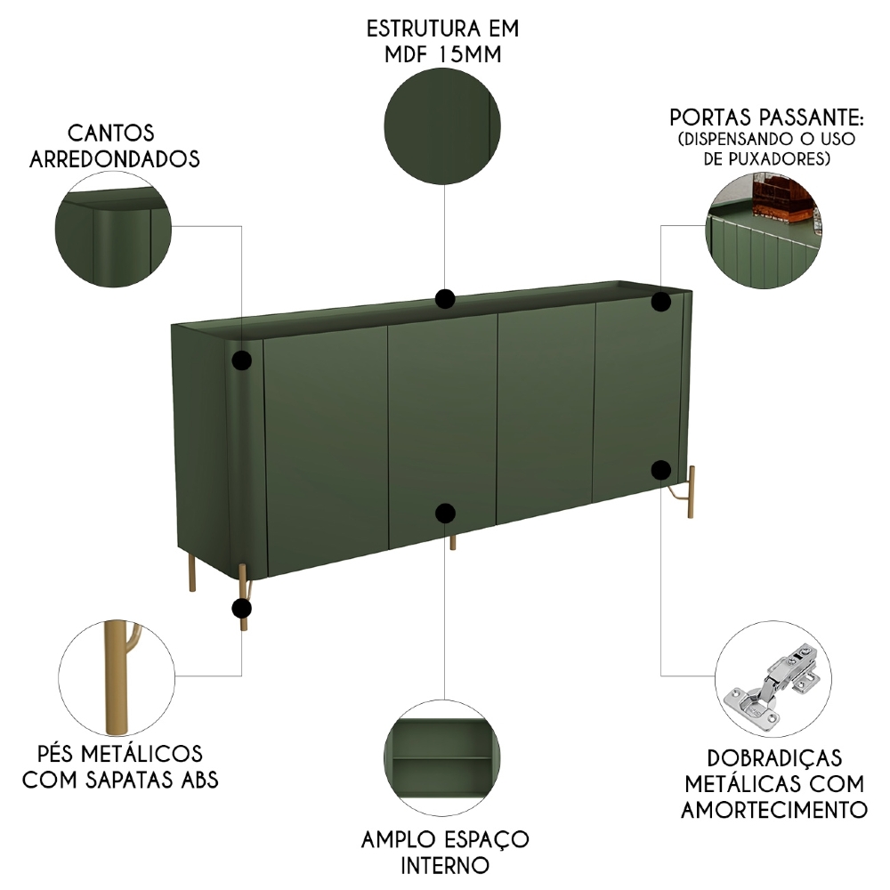 Buffet Aparador 180cm 4 Portas Lisas Blen Musgo/Dourado I06 - Mpozenato