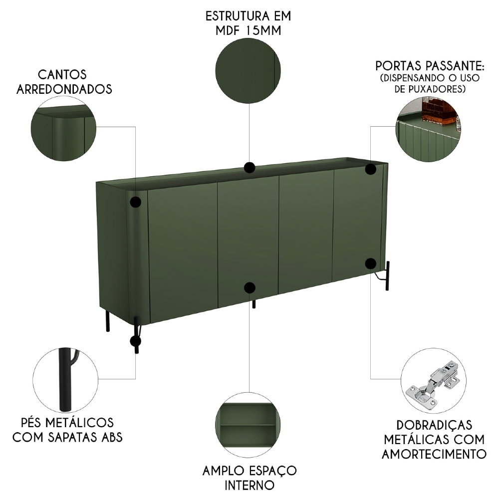 Buffet Aparador 180cm 4 Portas Lisas Blen Musgo/Preto I06 - Mpozenato