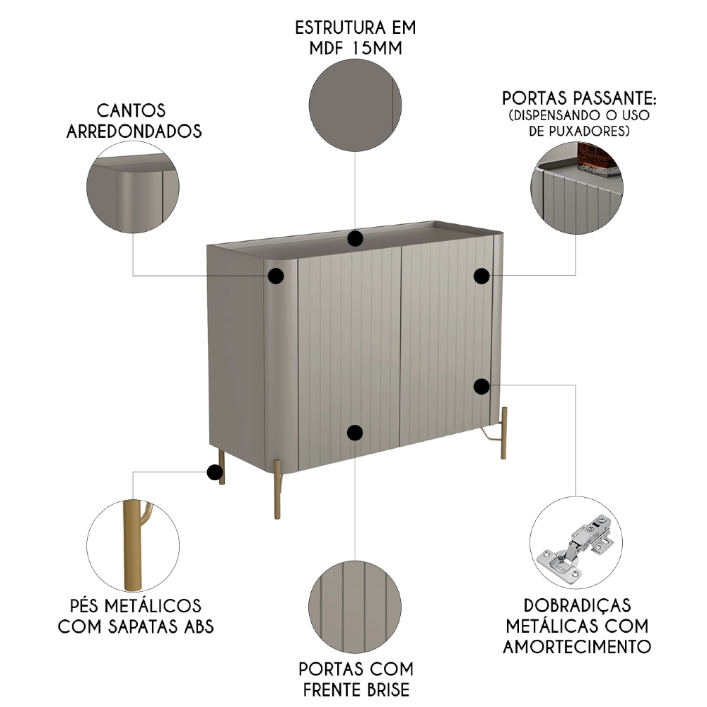 Buffet Aparador 99cm 2 Portas Brise Blen Grigio/Dourado I06 - Mpozenato