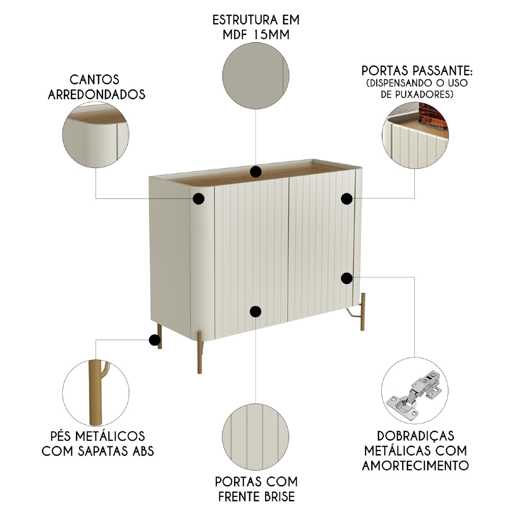 Buffet Aparador 99cm 2 Portas Brise Blen Louro/Luna/Dourado I06 - Mpozenato