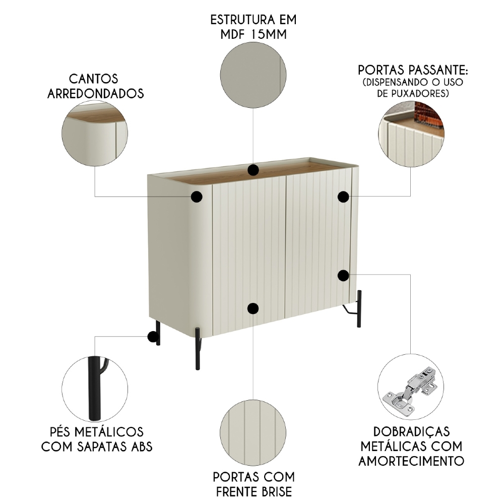 Buffet Aparador 99cm 2 Portas Brise Blen Louro/Luna/Preto I06 - Mpozenato