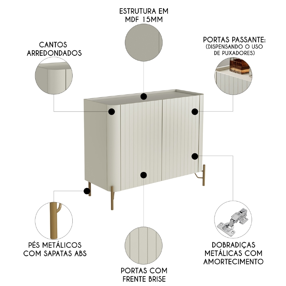 Buffet Aparador 99cm 2 Portas Brise Blen Luna/Dourado I06 - Mpozenato