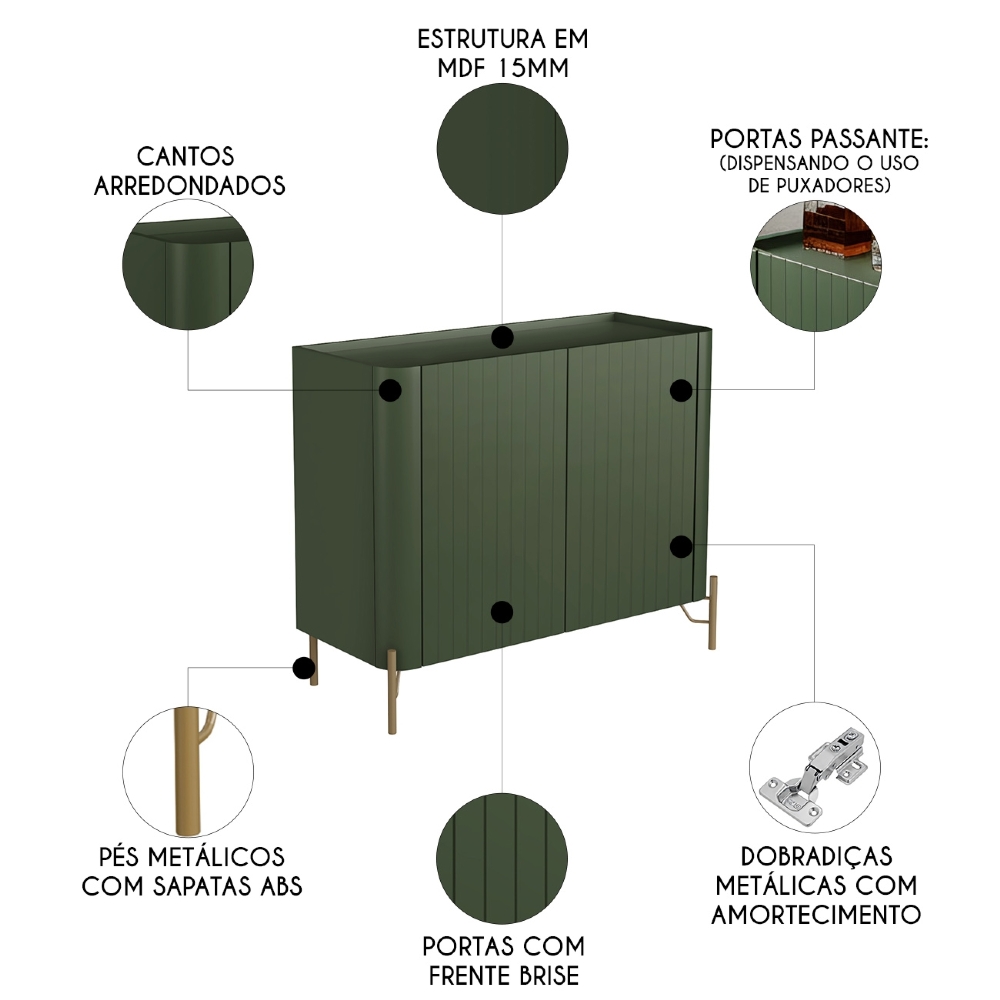 Buffet Aparador 99cm 2 Portas Brise Blen Musgo/Dourado I06 - Mpozenato
