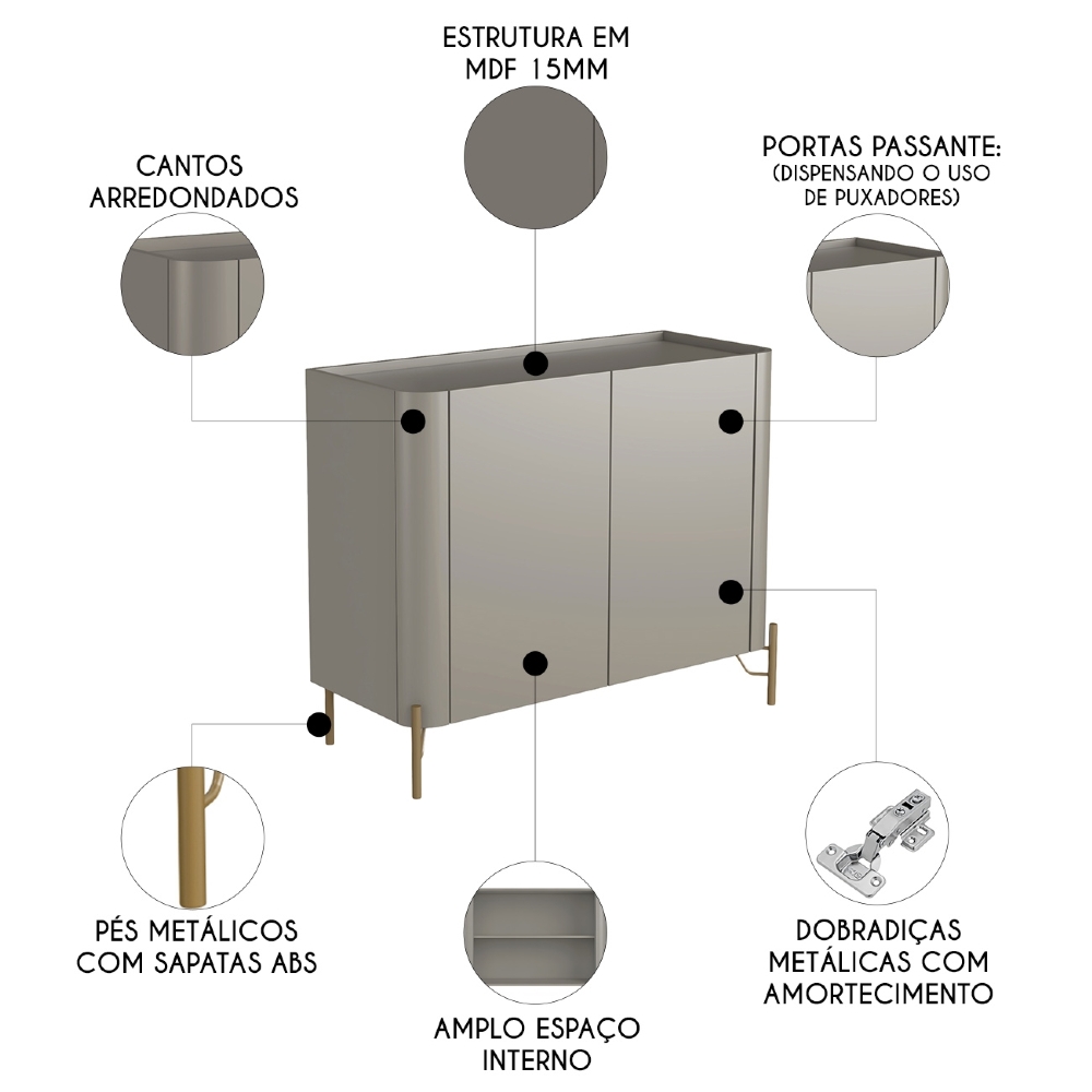 Buffet Aparador 99cm 2 Portas Lisas Blen Grigio/Dourado I06 - Mpozenato
