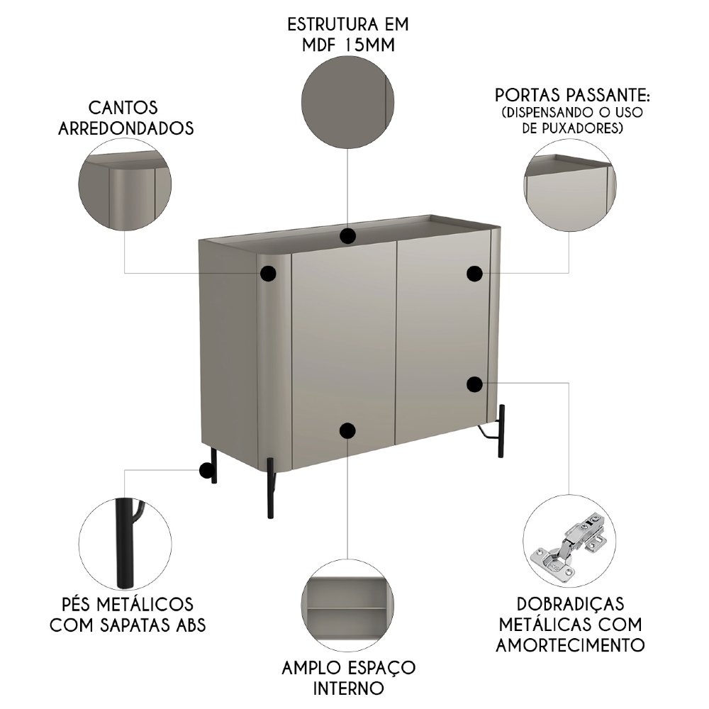 Buffet Aparador 99cm 2 Portas Lisas Blen Grigio/Preto I06 - Mpozenato