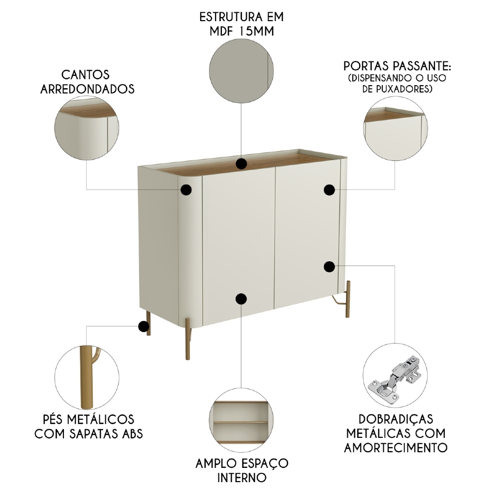 Buffet Aparador 99cm 2 Portas Lisas Blen Louro/Luna/Dourado I06 - Mpozenato