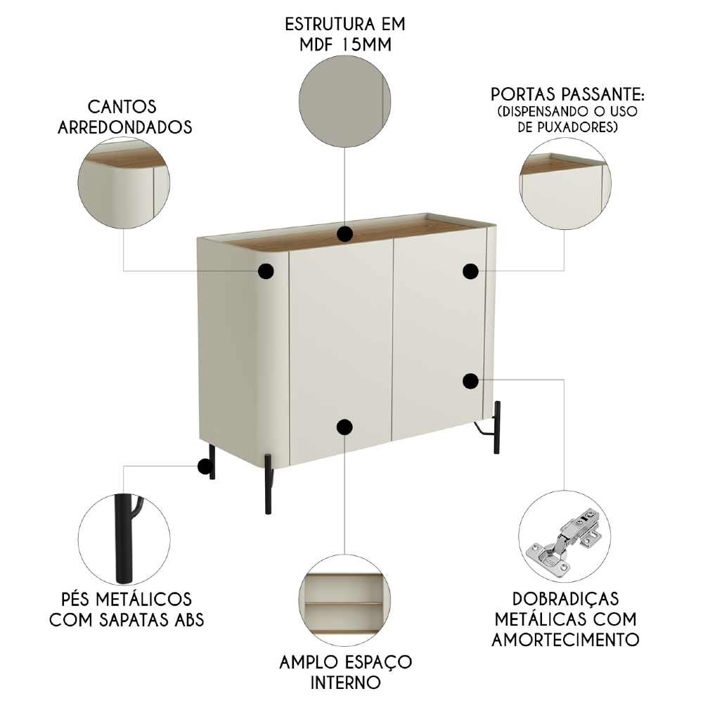 Buffet Aparador 99cm 2 Portas Lisas Blen Louro/Luna/Preto I06 - Mpozenato