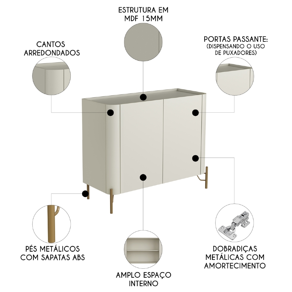 Buffet Aparador 99cm 2 Portas Lisas Blen Luna/Dourado I06 - Mpozenato