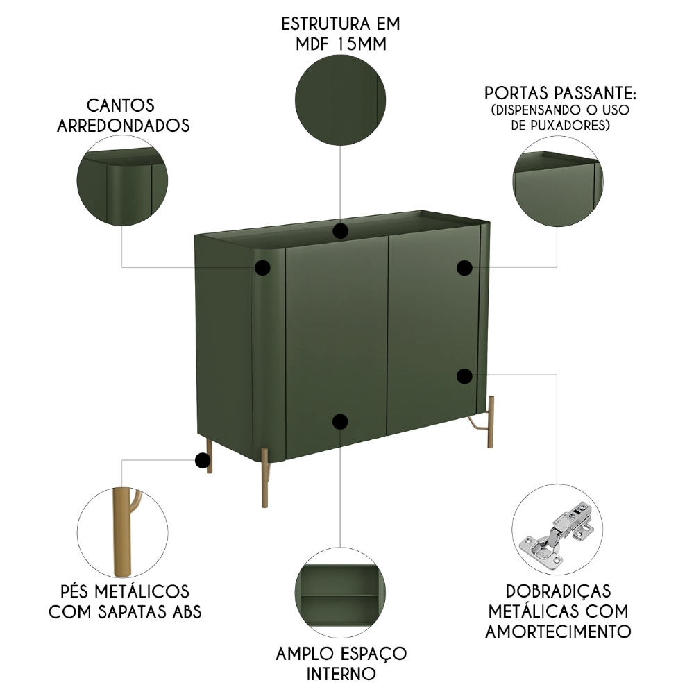 Buffet Aparador 99cm 2 Portas Lisas Blen Musgo/Dourado I06 - Mpozenato
