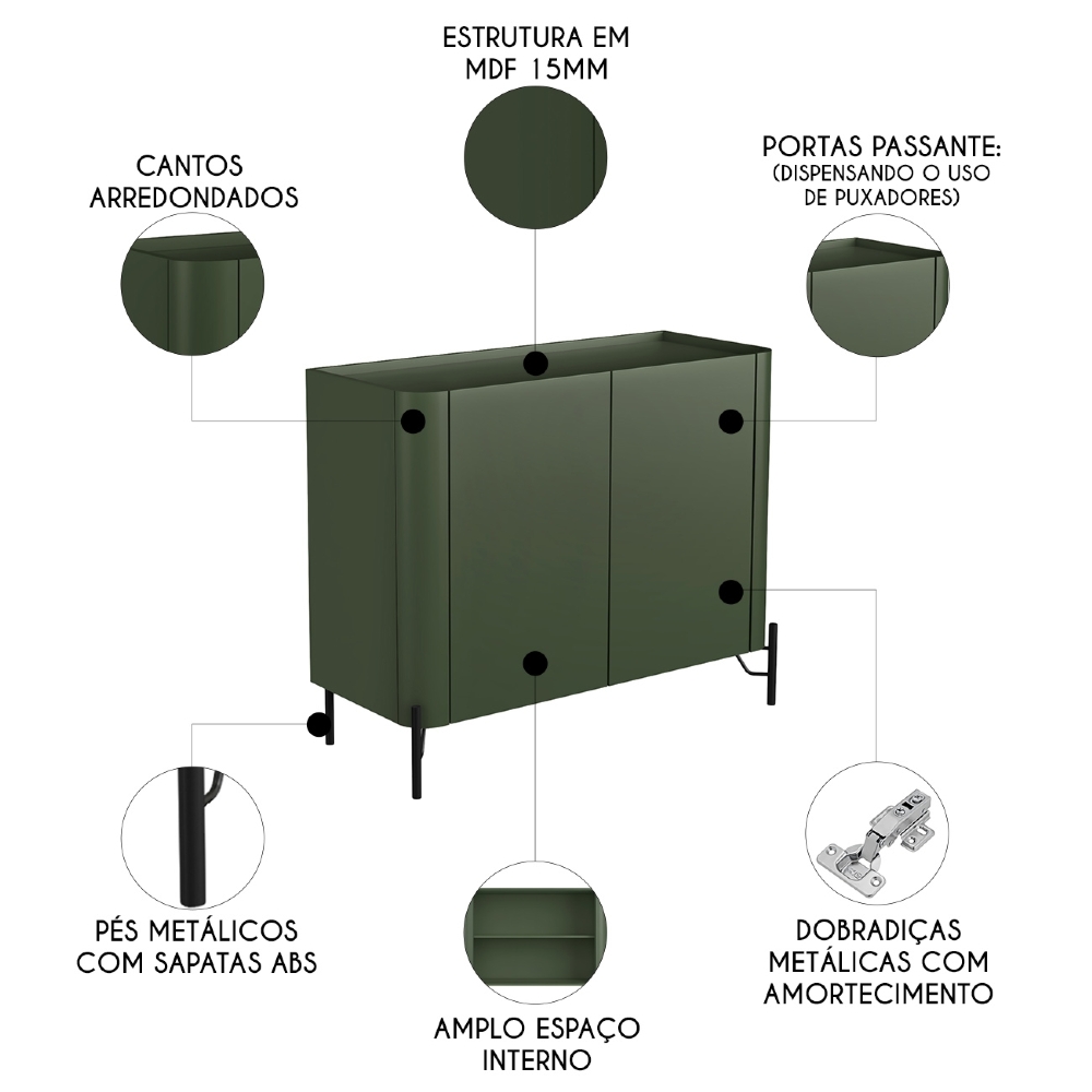 Buffet Aparador 99cm 2 Portas Lisas Blen Musgo/Preto I06 - Mpozenato