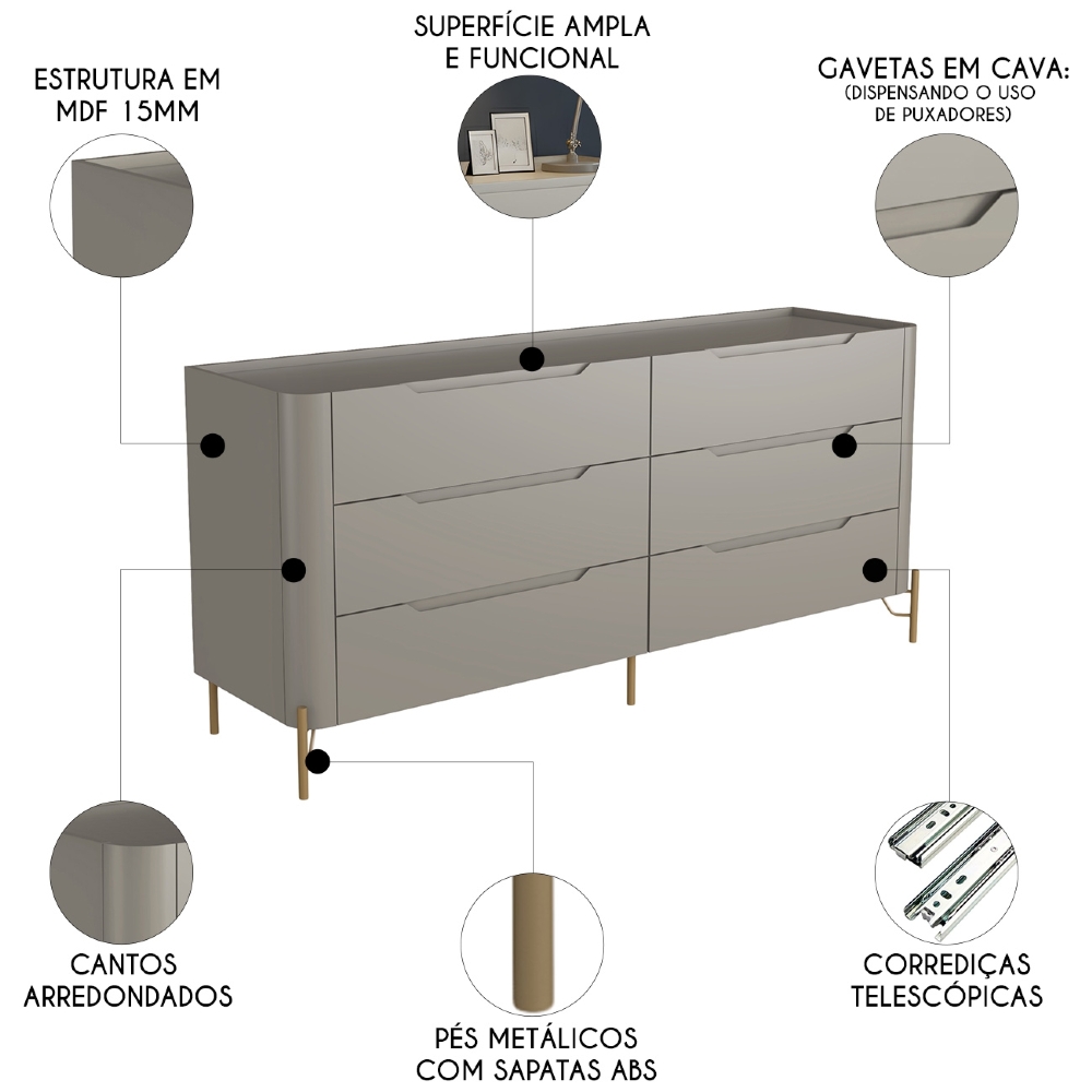 Cômoda Quarto 178cm Casal 6 Gavetas Blen Grigio/Dourado I06 - Mpozenato