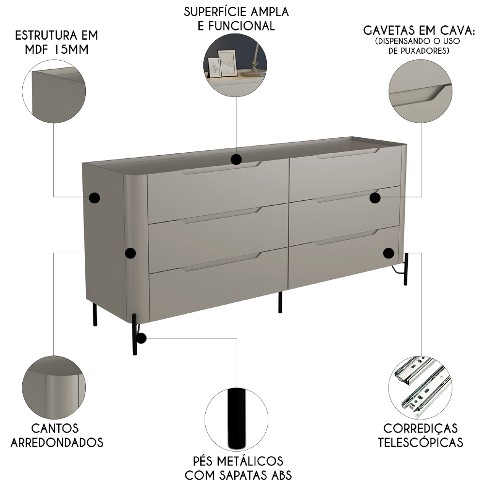 Cômoda Quarto 178cm Casal 6 Gavetas Blen Grigio/Preto I06 - Mpozenato