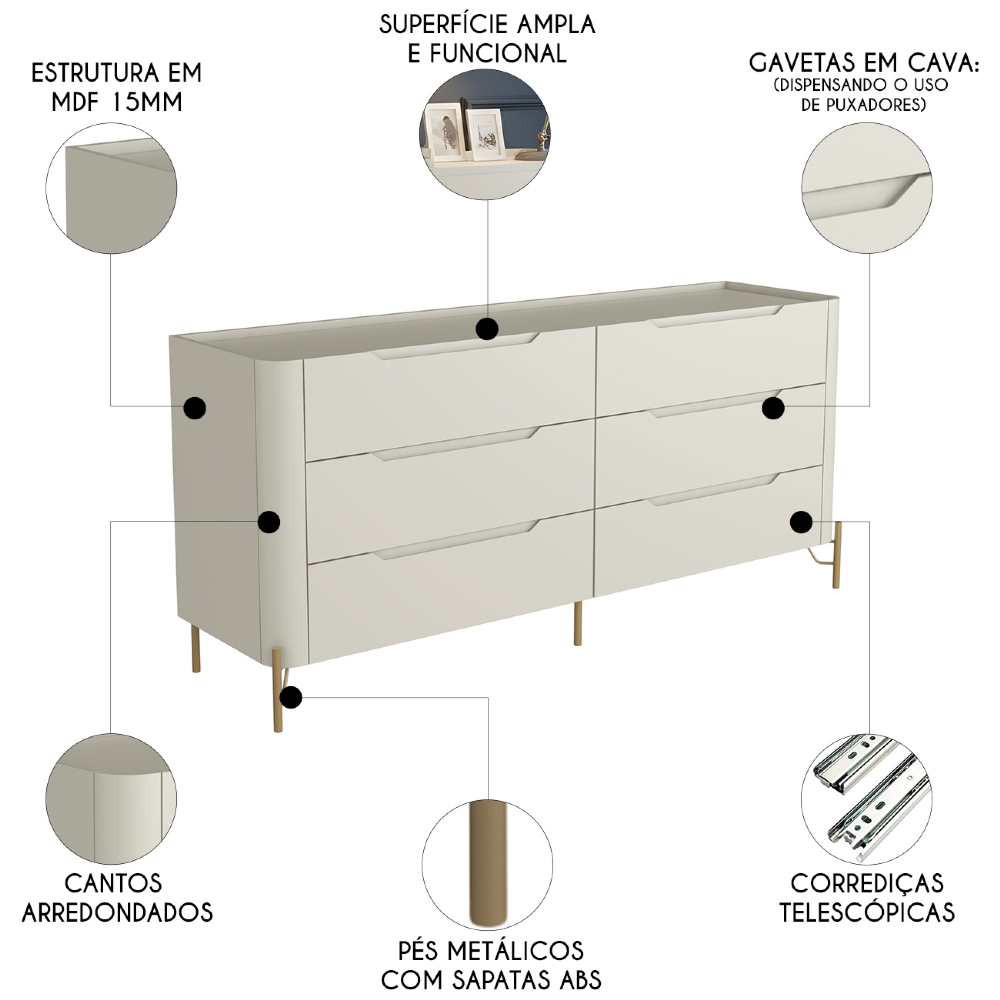 Cômoda Quarto 178cm Casal 6 Gavetas Blen Luna/Dourado I06 - Mpozenato