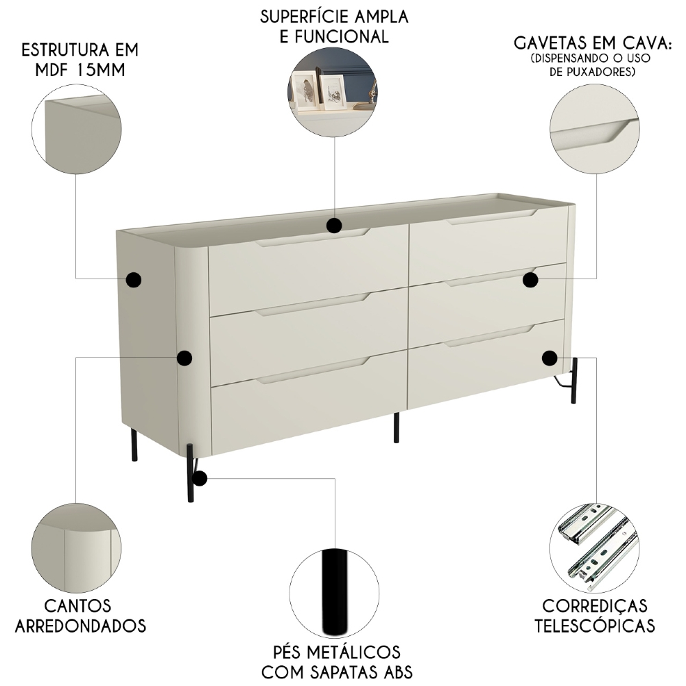 Cômoda Quarto 178cm Casal 6 Gavetas Blen Luna/Preto I06 - Mpozenato