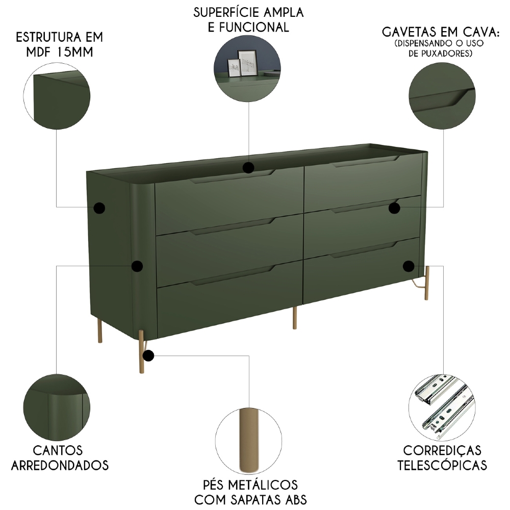 Cômoda Quarto 178cm Casal 6 Gavetas Blen Musgo/Dourado I06 - Mpozenato