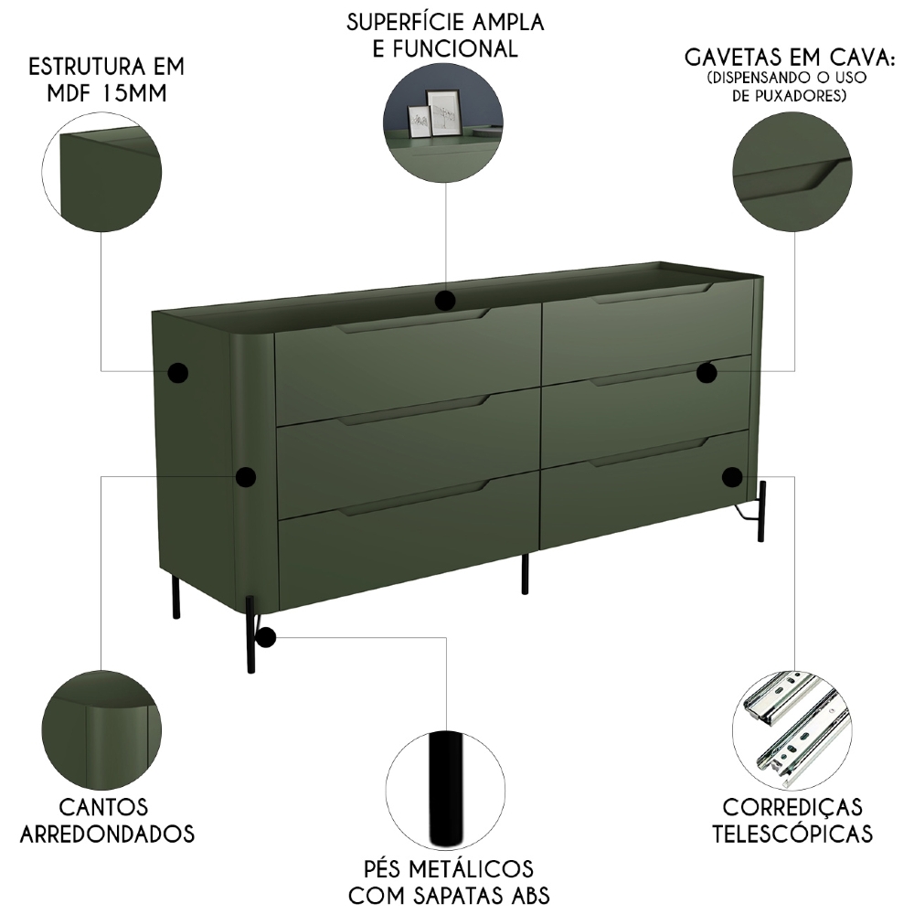 Cômoda Quarto 178cm Casal 6 Gavetas Blen Musgo/Preto I06 - Mpozenato