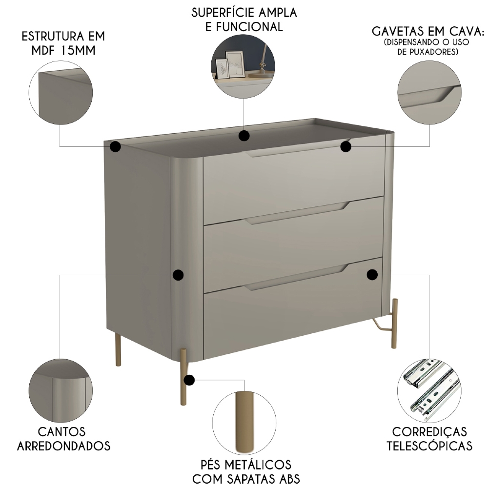 Cômoda Quarto 97cm Solteiro 3 Gavetas Becca Grigio/Dourado I06 - Mpozenato