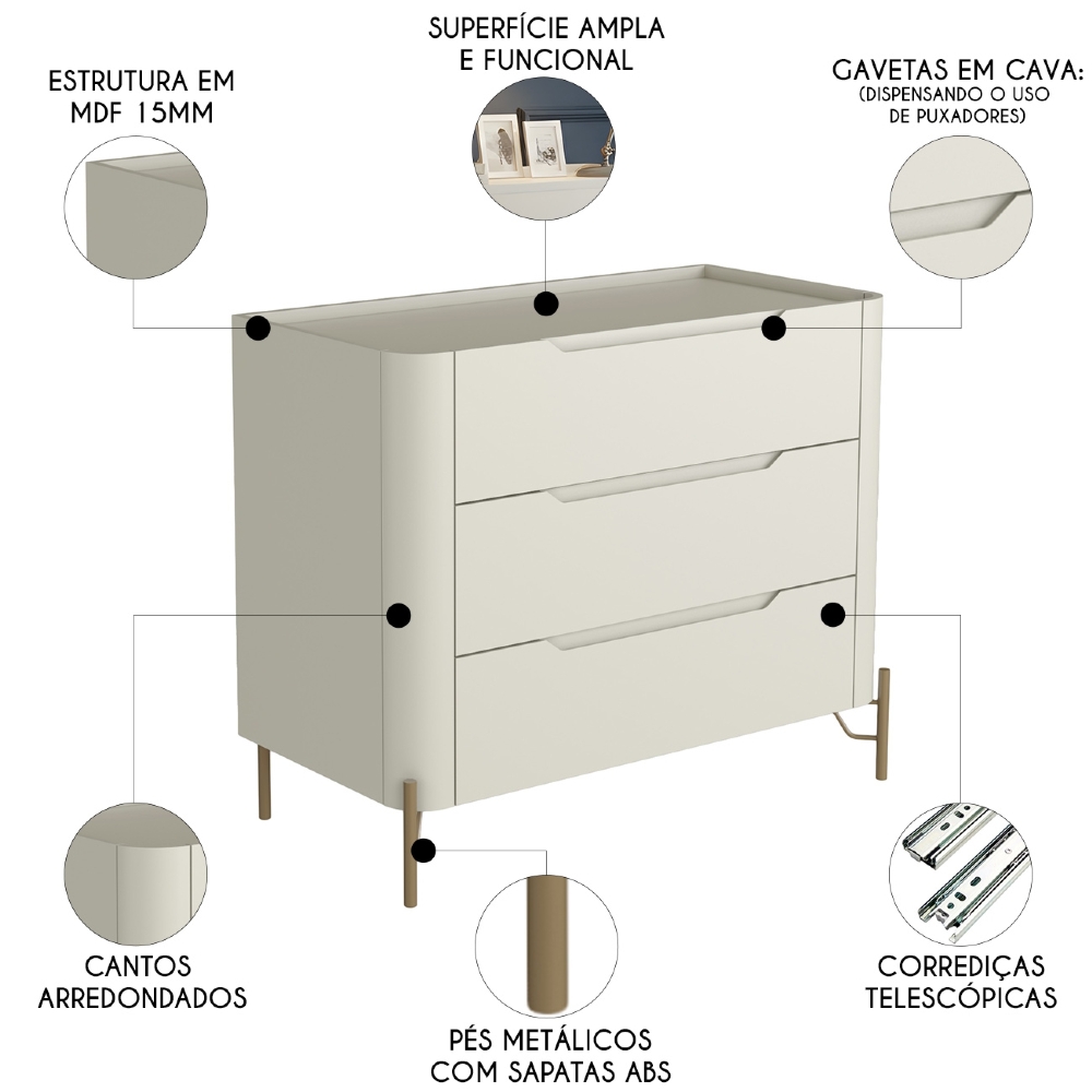 Cômoda Quarto 97cm Solteiro 3 Gavetas Becca Luna/Dourado I06 - Mpozenato