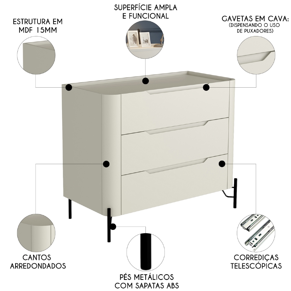 Cômoda Quarto 97cm Solteiro 3 Gavetas Becca Luna/Preto I06 - Mpozenato