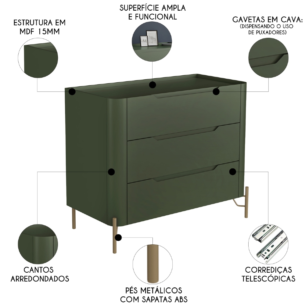 Cômoda Quarto 97cm Solteiro 3 Gavetas Becca Musgo/Dourado I06 - Mpozenato