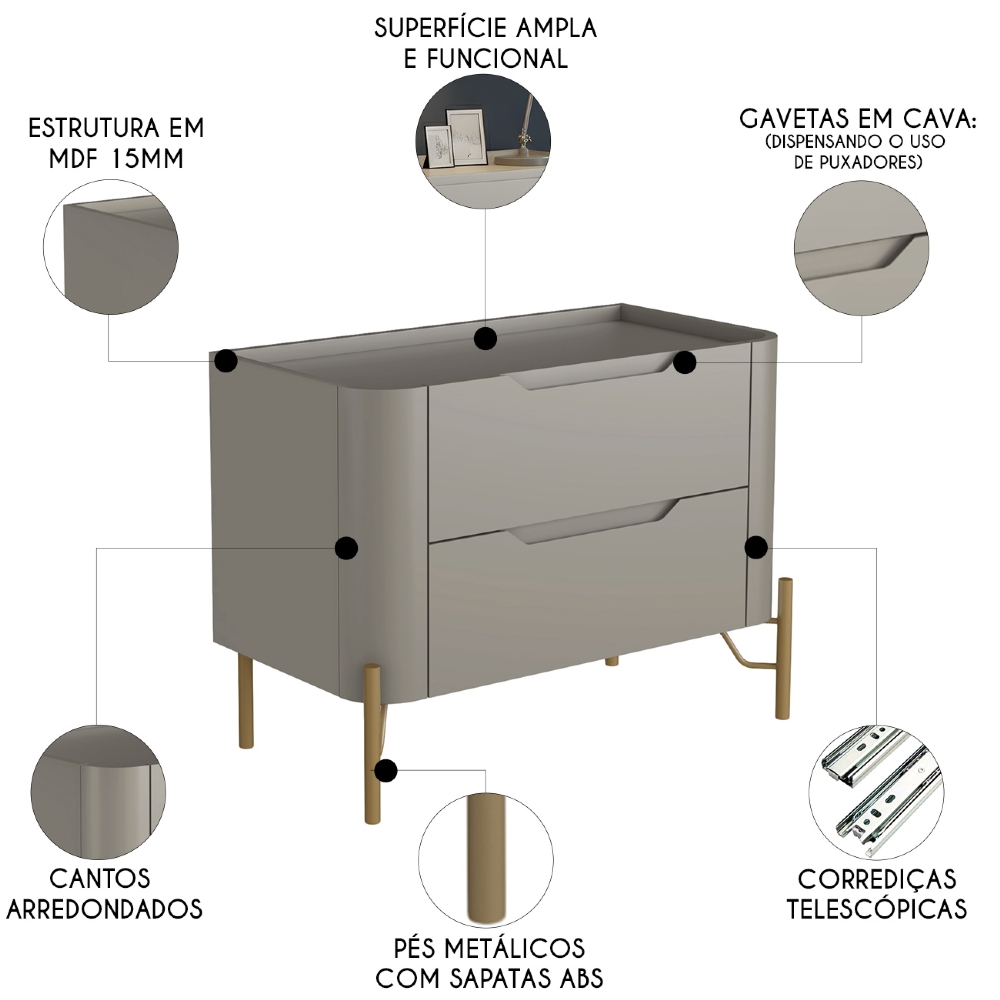 Mesa Cabeceira Para Quarto 68cm Kit 2 Becca Grigio/Dourado I06 - Mpozenato