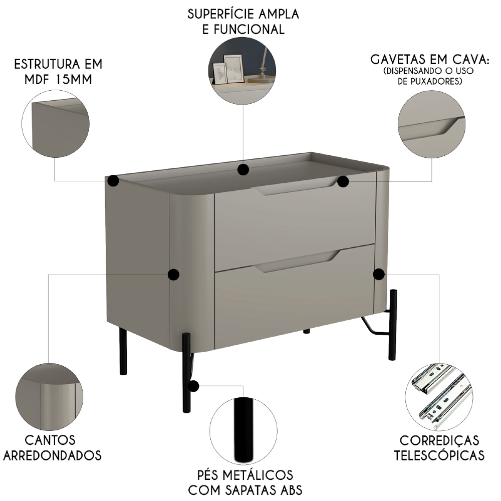 Mesa Cabeceira Para Quarto 68cm Kit 2 Becca Grigio/Preto I06 - Mpozenato