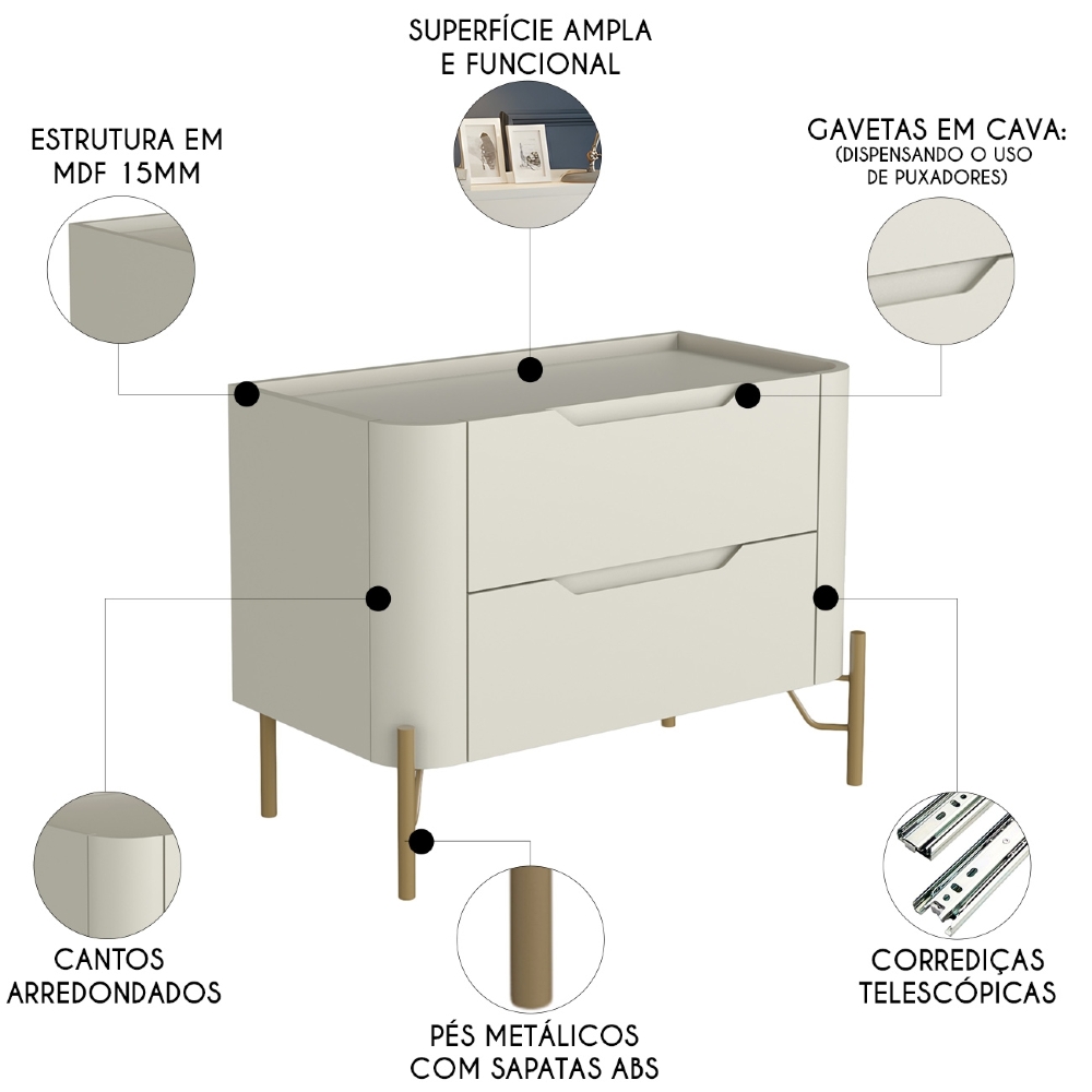 Mesa Cabeceira Para Quarto 68cm Kit 2 Becca Luna/Dourado I06 - Mpozenato