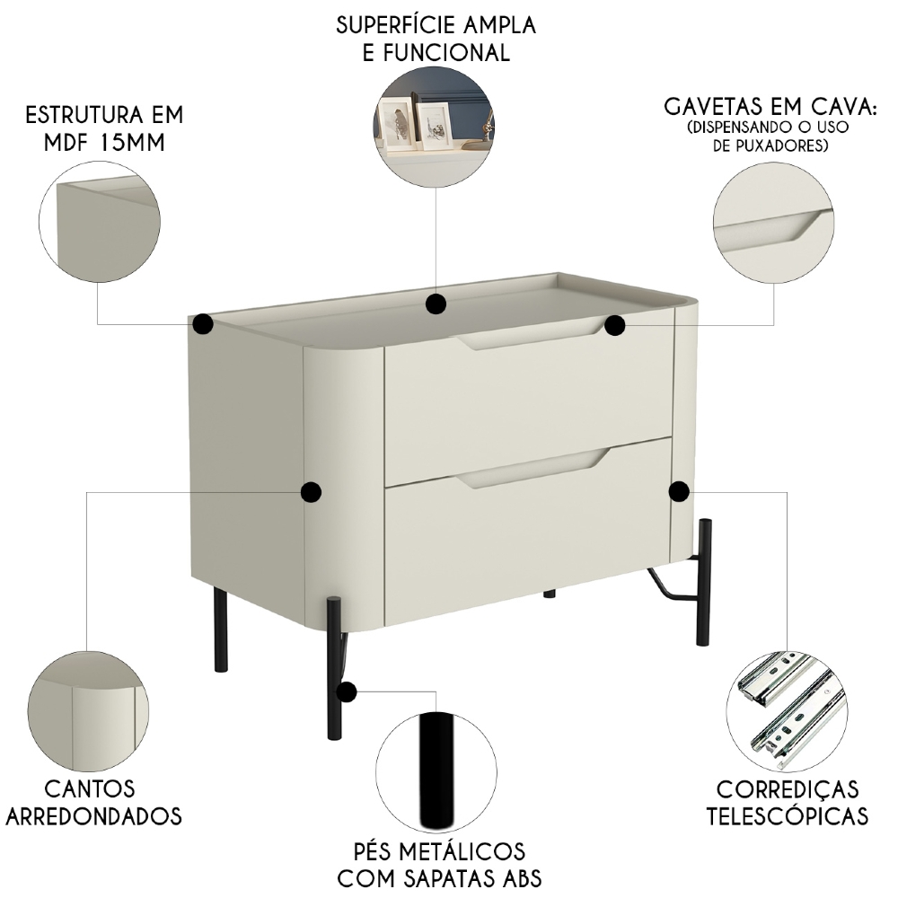 Mesa Cabeceira Para Quarto 68cm Kit 2 Becca Luna/Preto I06 - Mpozenato