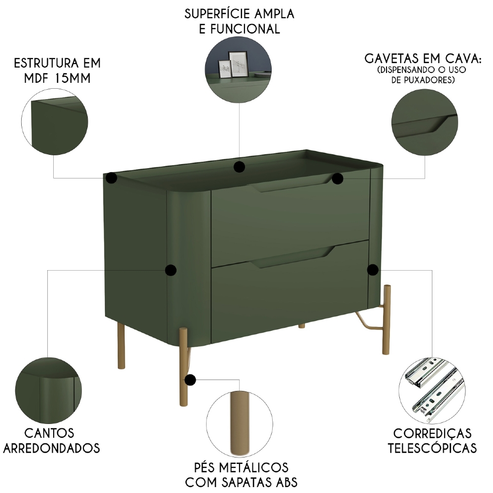 Mesa Cabeceira Para Quarto 68cm Kit 2 Becca Musgo/Dourado I06 - Mpozenato