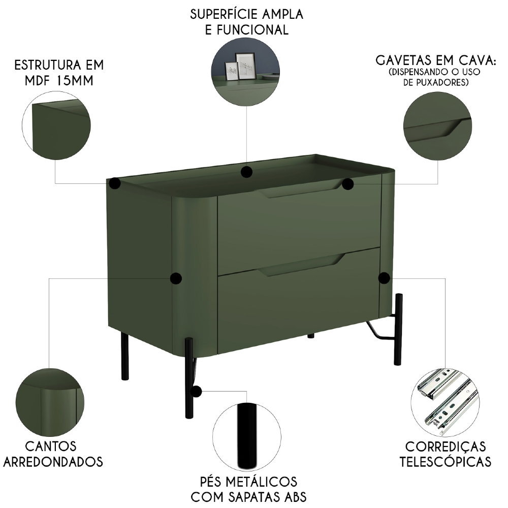 Mesa Cabeceira Para Quarto 68cm Kit 2 Becca Musgo/Preto I06 - Mpozenato
