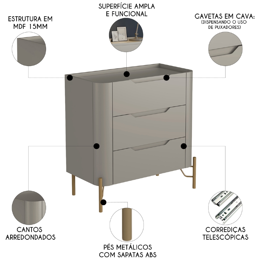 Mesa Cabeceira Para Quarto 68cm Kit 2 Blen Grigio/Dourado I06 - Mpozenato