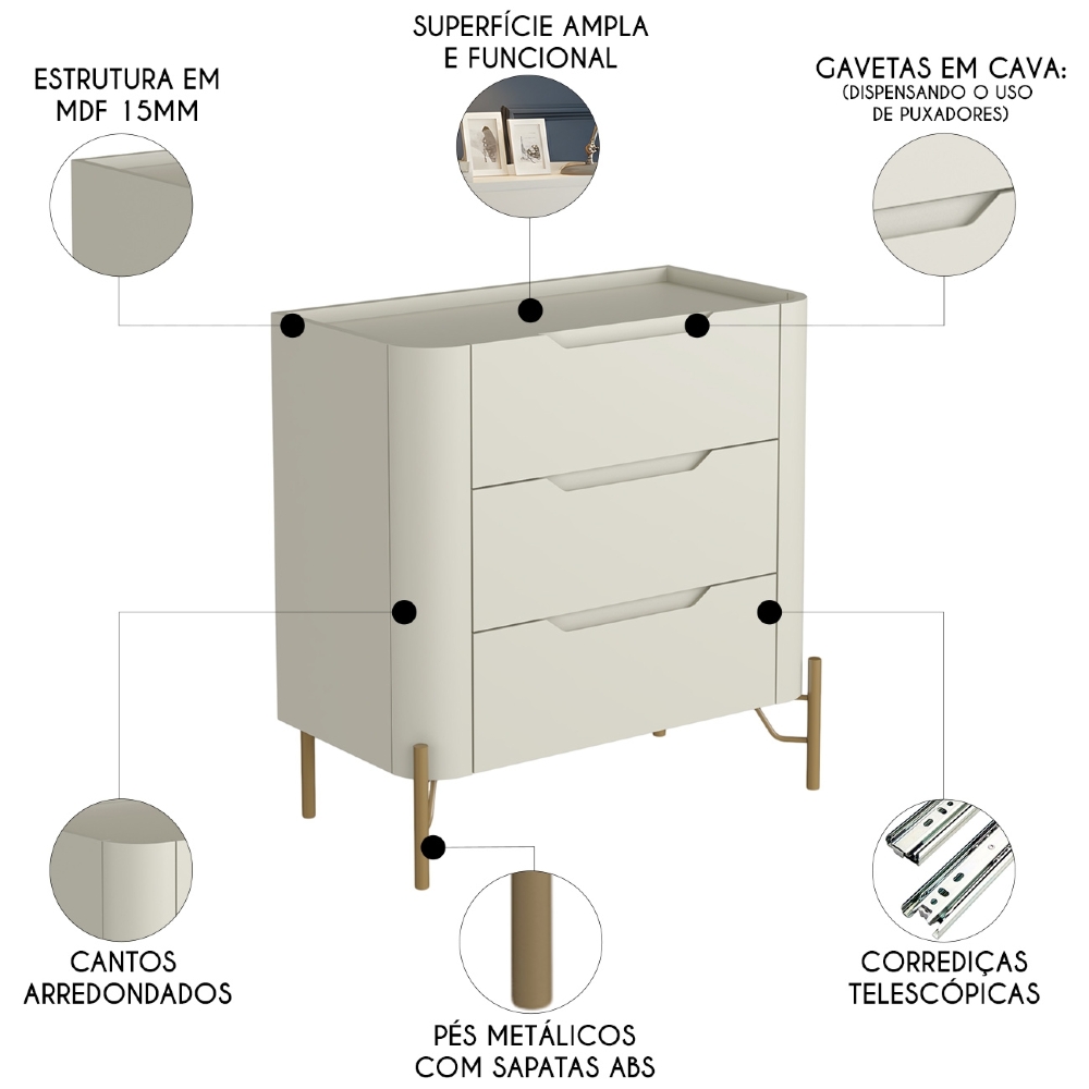 Mesa Cabeceira Para Quarto 68cm Kit 2 Blen Luna/Dourado I06 - Mpozenato
