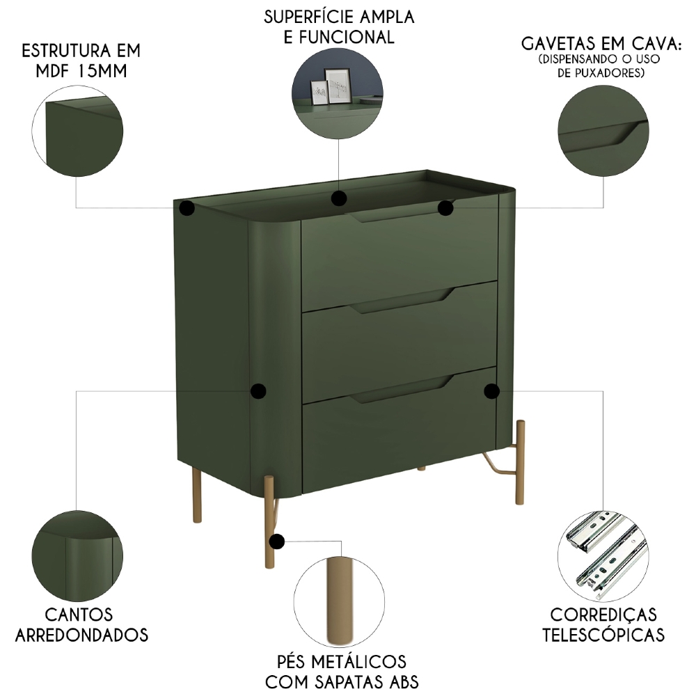 Mesa Cabeceira Para Quarto 68cm Kit 2 Blen Musgo/Dourado I06 - Mpozenato