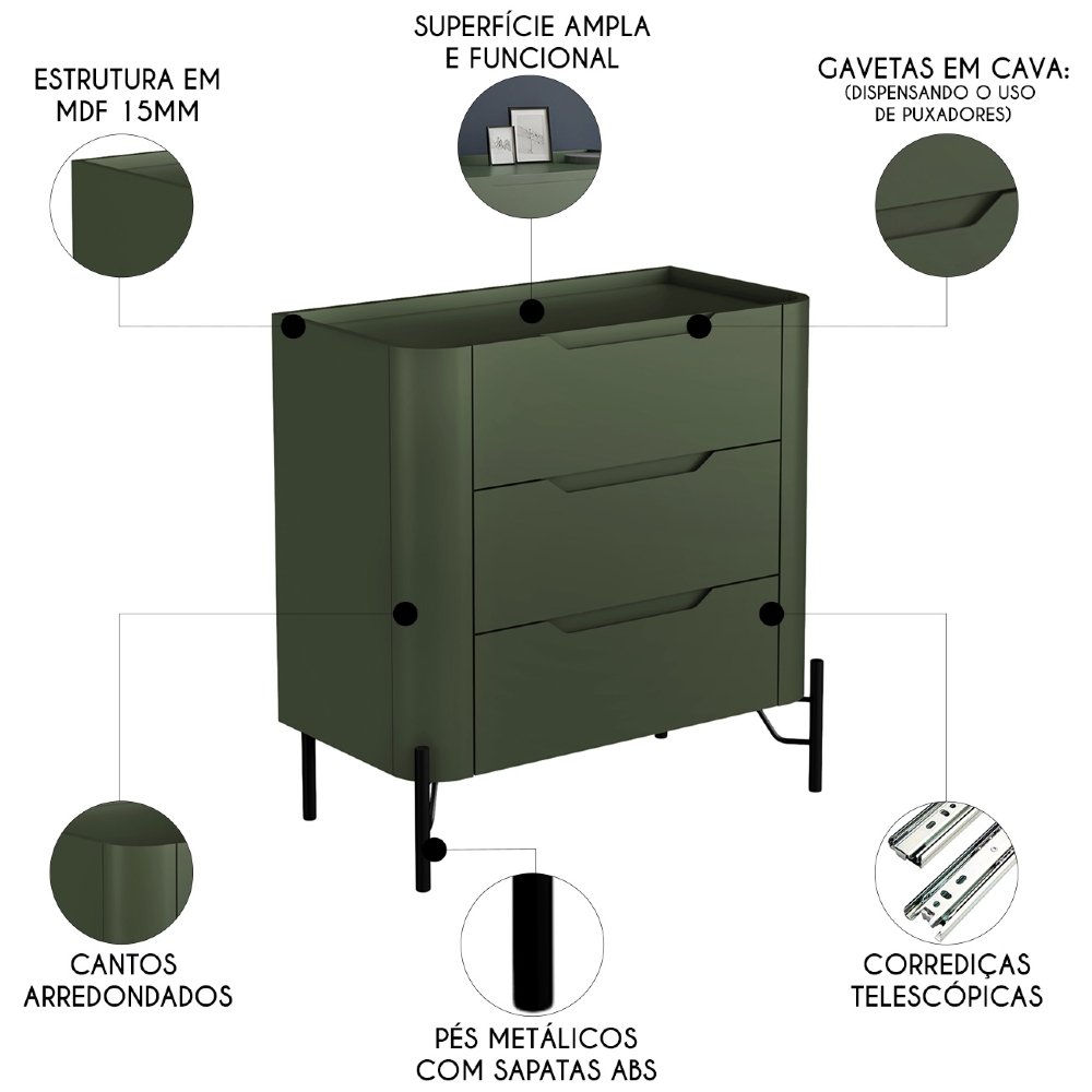 Mesa Cabeceira Para Quarto 68cm Kit 2 Blen Musgo/Preto I06 - Mpozenato