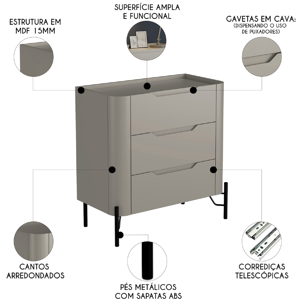Mesa Cabeceira Quarto 68cm 3 Gavetas Blen Grigio/Preto I06 - Mpozenato