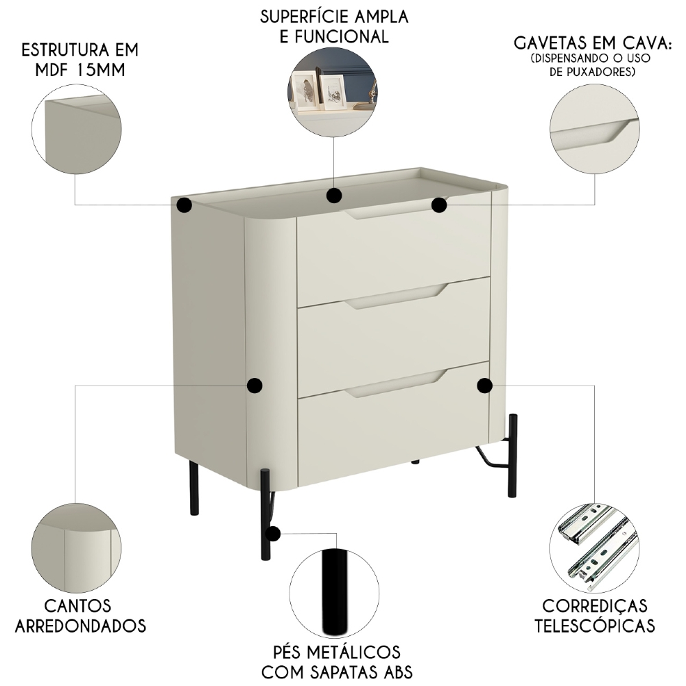 Mesa Cabeceira Quarto 68cm 3 Gavetas Blen Luna/Preto I06 - Mpozenato