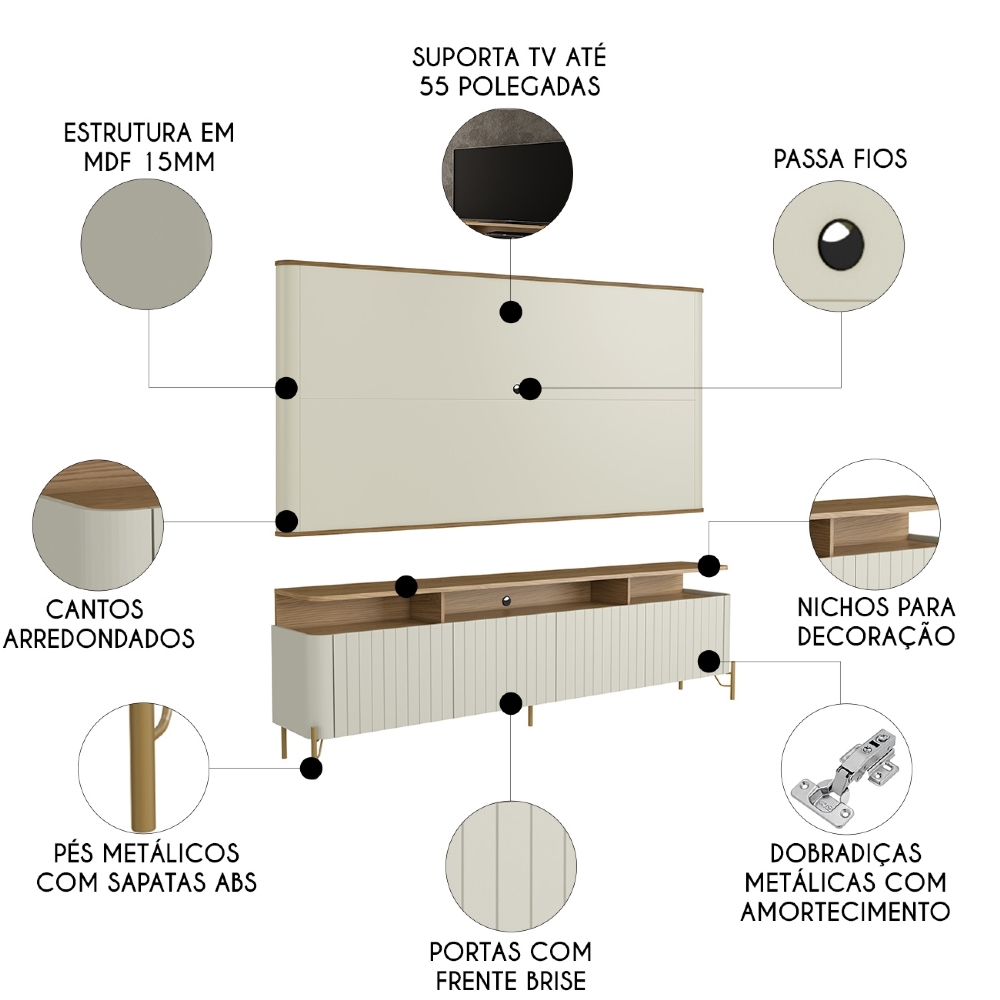 Painel TV 55 Pol e Rack Sala Porta Brise Blen Louro/Luna/Dourado I06 - Mpozenato