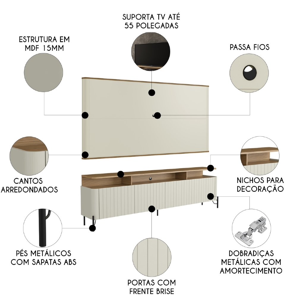 Painel TV 55 Pol e Rack Sala Porta Brise Blen Louro/Luna/Preto I06 - Mpozenato