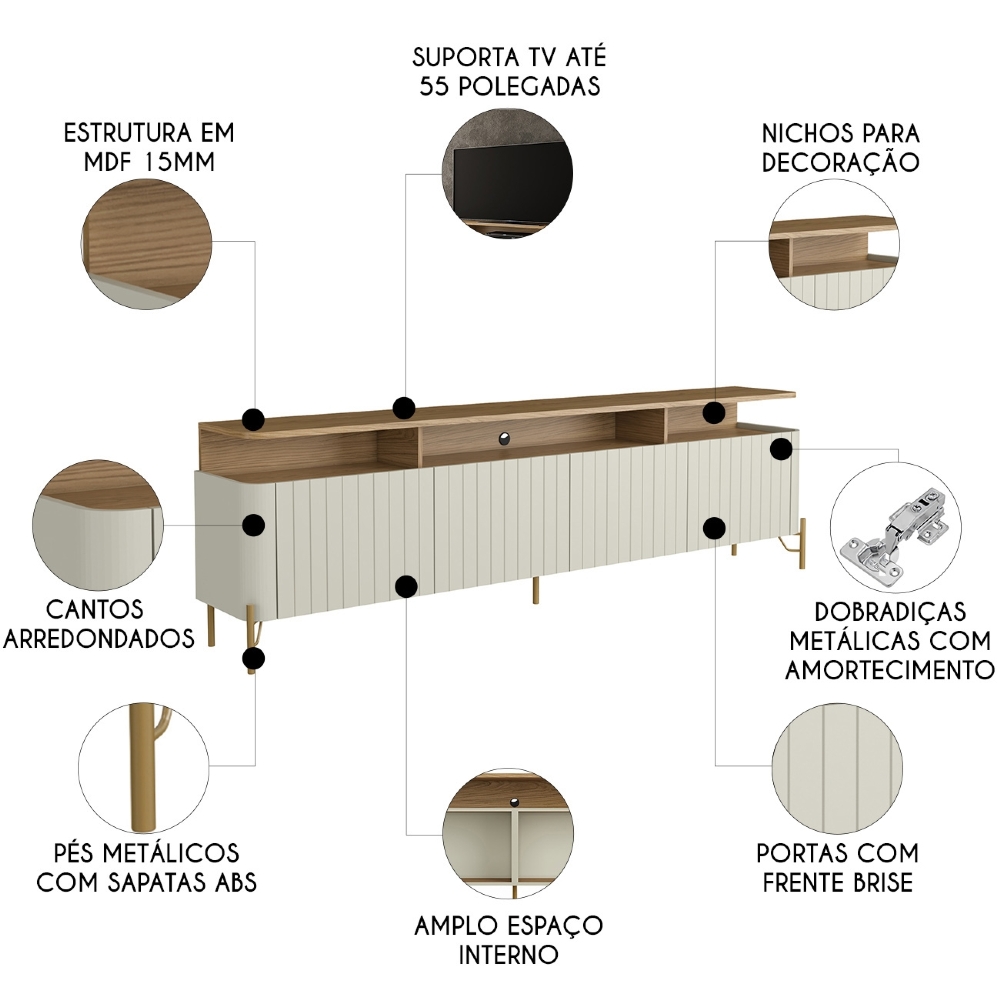 Rack TV 55 Pol 180cm Portas Brise Blen Louro/Luna/Dourado I06 - Mpozenato