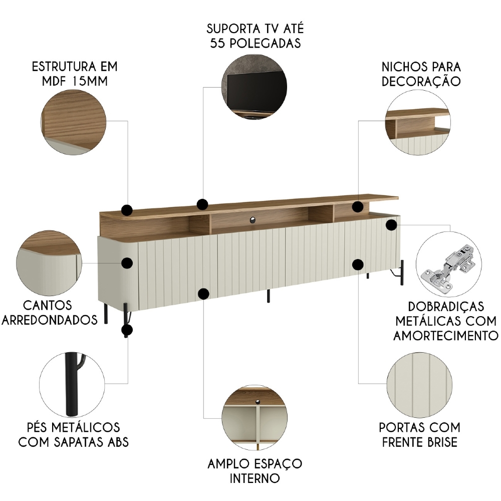 Rack TV 55 Pol 180cm Portas Brise Blen Louro/Luna/Preto I06 - Mpozenato