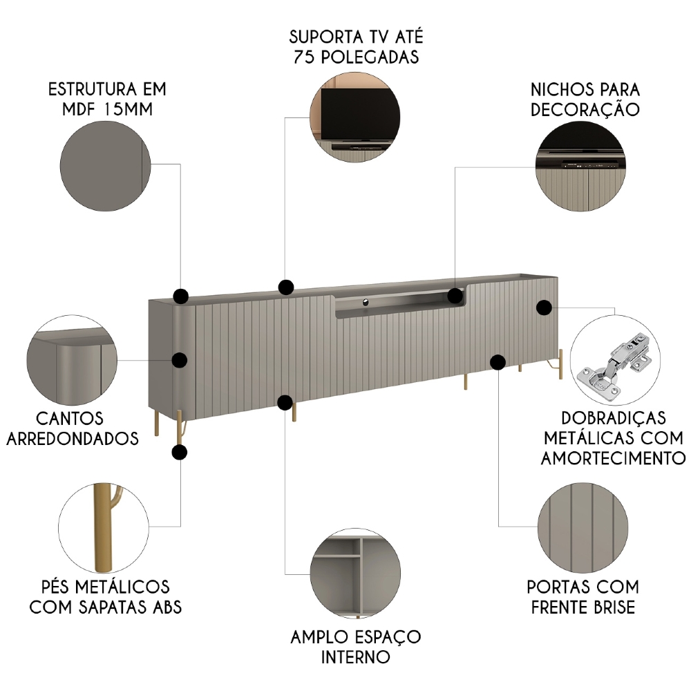 Rack TV 75 Pol 220cm 4 Portas Brise Blen Grigio/Dourado I06 - Mpozenato