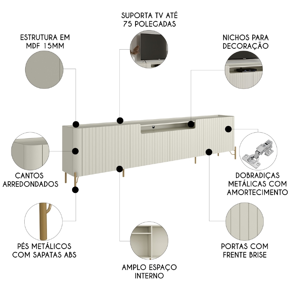 Rack TV 75 Pol 220cm 4 Portas Brise Blen Luna/Dourado I06 - Mpozenato