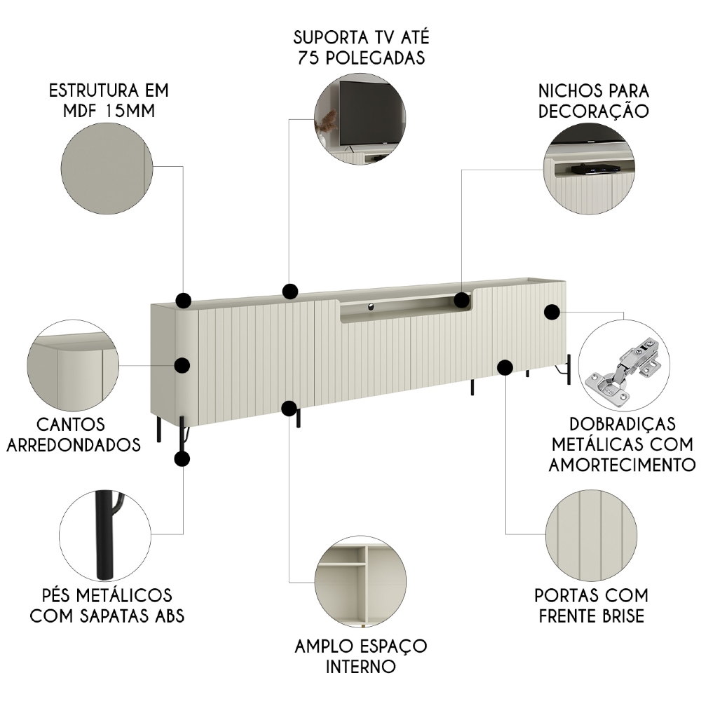 Rack TV 75 Pol 220cm 4 Portas Brise Blen Luna/Preto I06 - Mpozenato