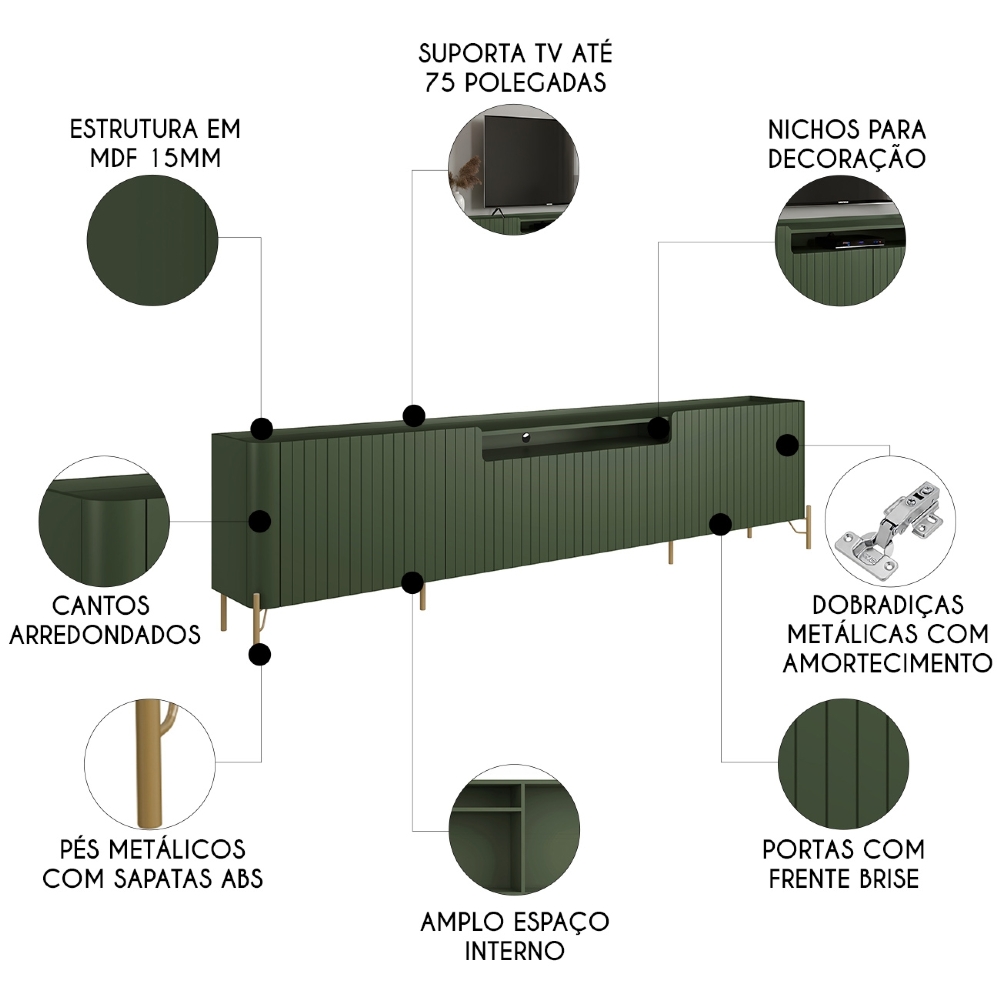 Rack TV 75 Pol 220cm 4 Portas Brise Blen Musgo/Dourado I06 - Mpozenato