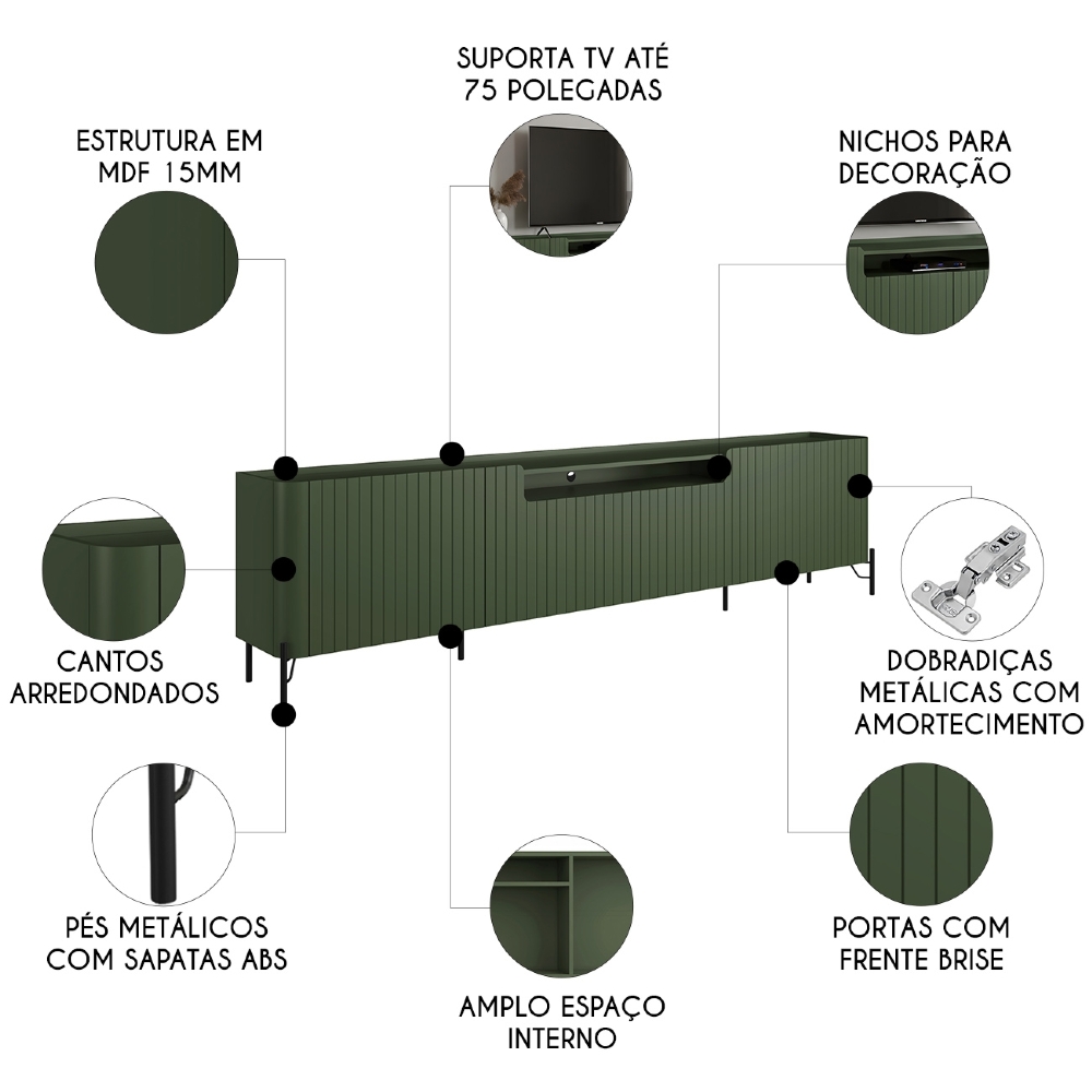 Rack TV 75 Pol 220cm 4 Portas Brise Blen Musgo/Preto I06 - Mpozenato