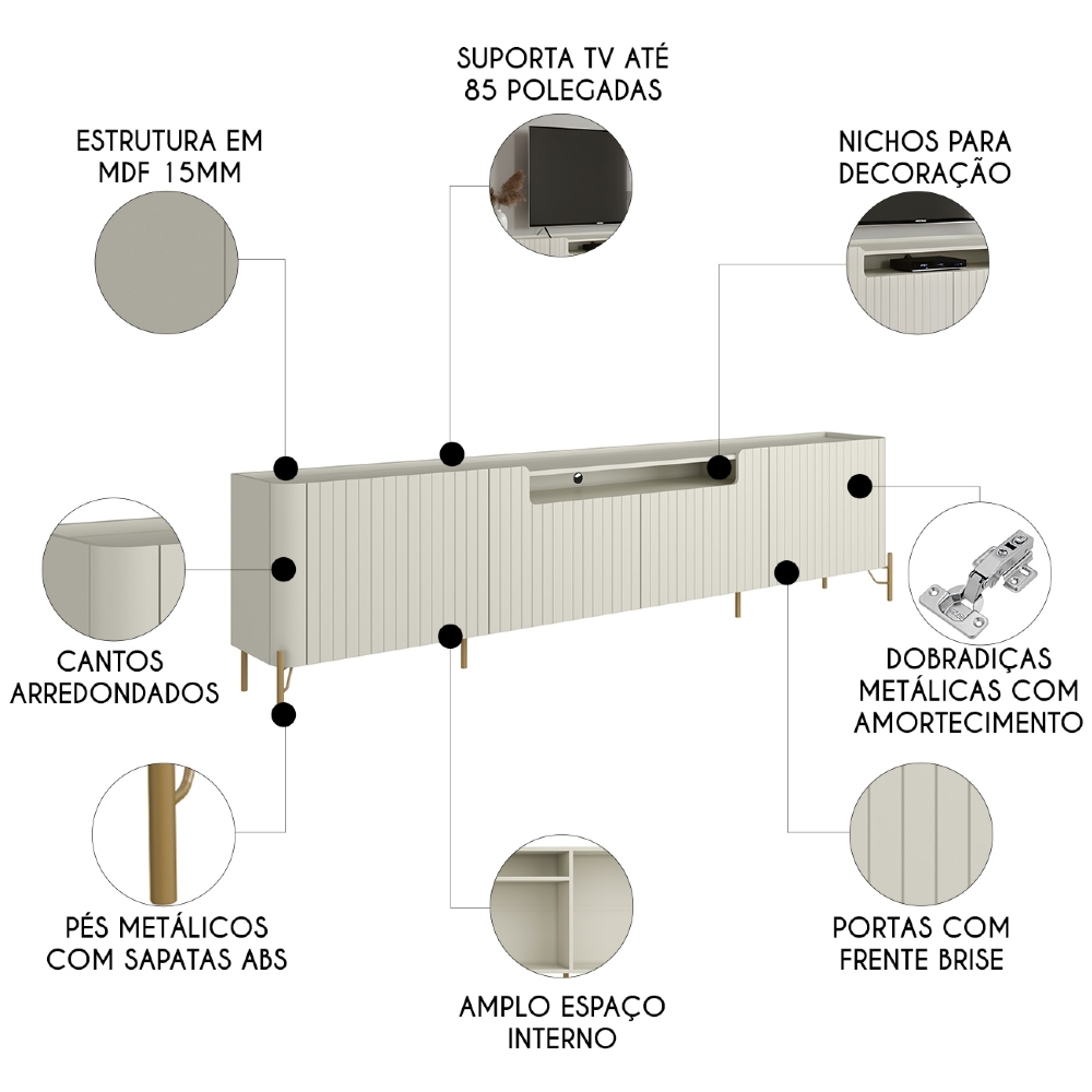 Rack TV 85 Pol 260cm 4 Portas Brise Blen Luna/Dourado I06 - Mpozenato