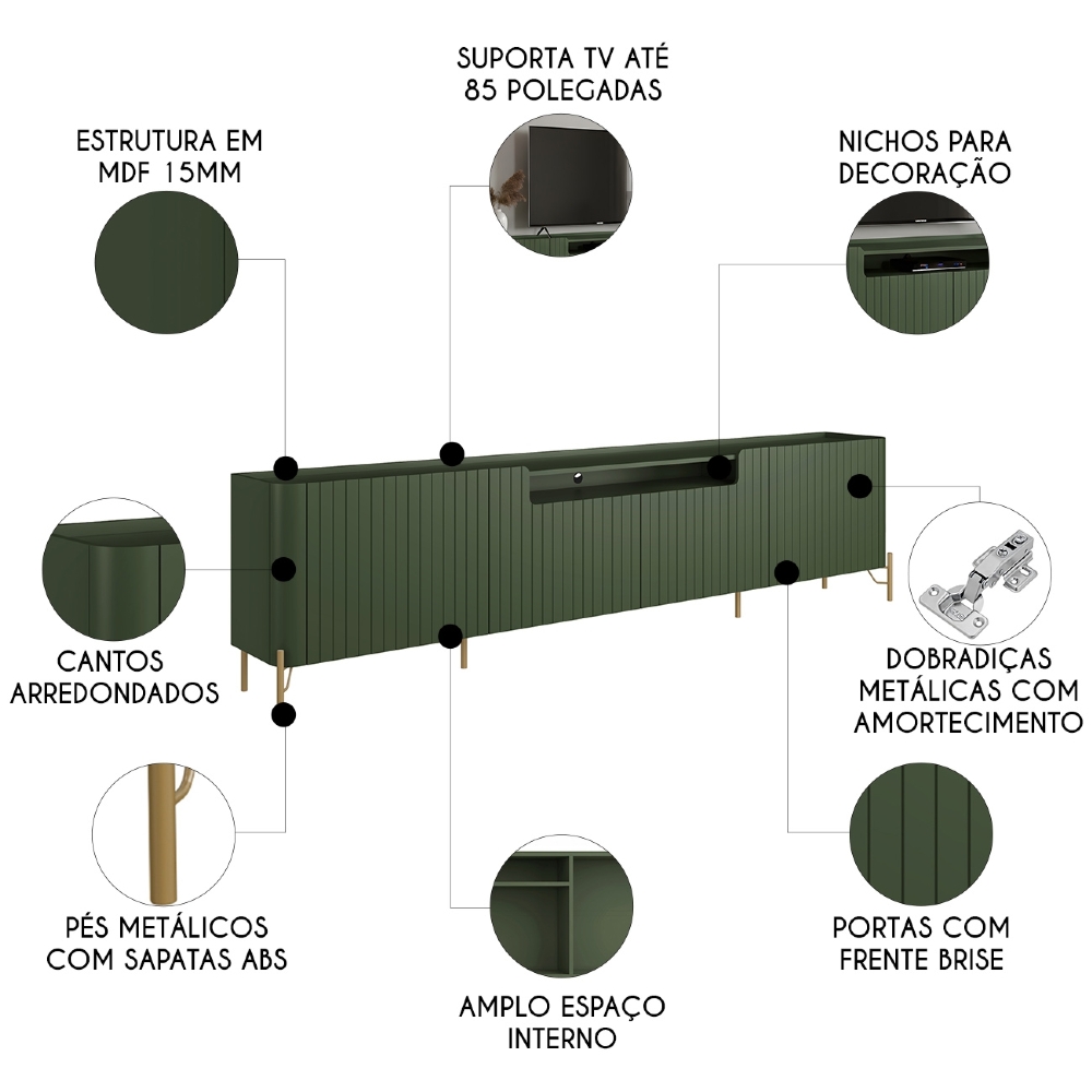 Rack TV 85 Pol 260cm 4 Portas Brise Blen Musgo/Dourado I06 - Mpozenato