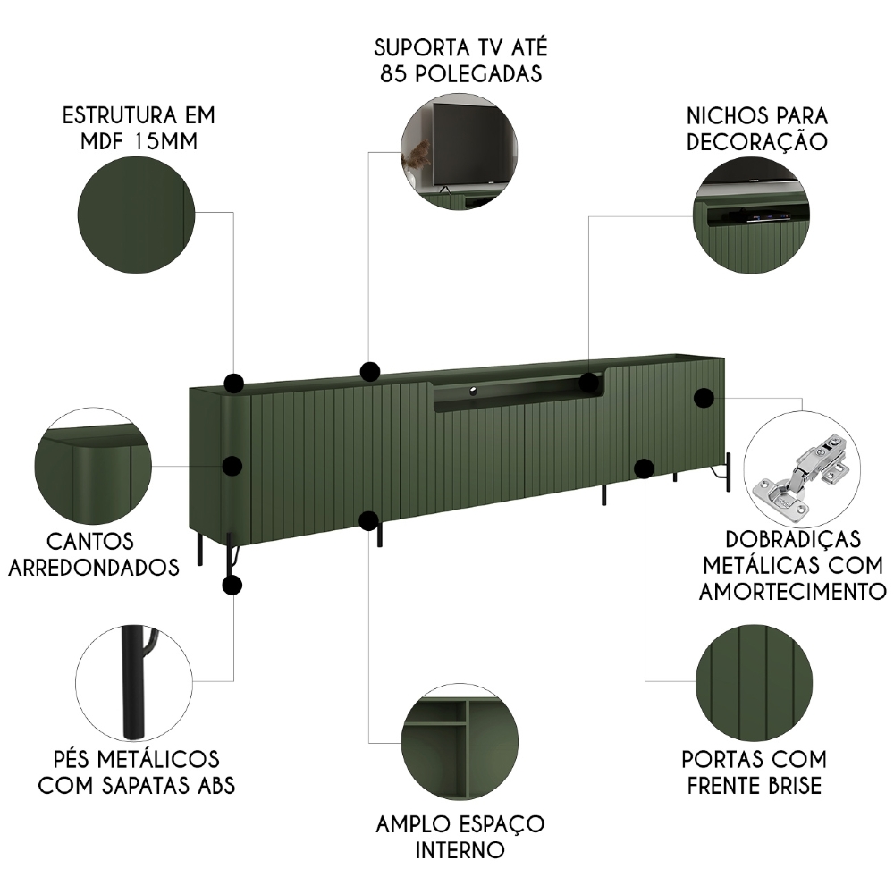 Rack TV 85 Pol 260cm 4 Portas Brise Blen Musgo/Preto I06 - Mpozenato