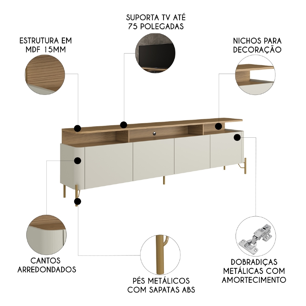 Rack TV 75 Pol 220cm Portas Lisas Blen Louro/Luna/Dourado I06 - Mpozenato